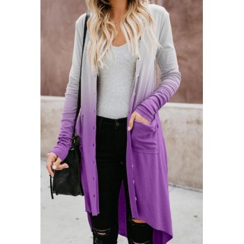 Blue Ombre Button Down Pocketed High Low Cardigan Gray Purple